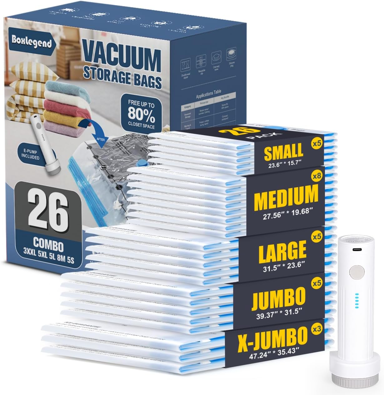BoxLegend Vacuum Storage Bags 26 Combo with Electric Pump