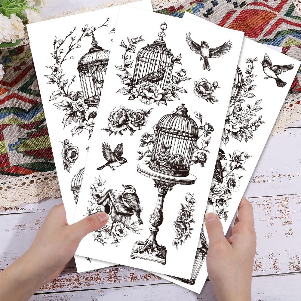 GLOBLELAND Bird & Peony Rub-On Transfers (3 Sheets)
